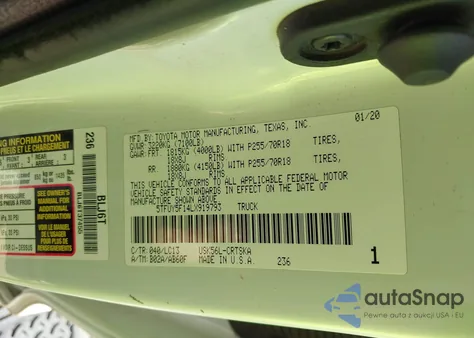 2020 Toyota Tundra Sr z USA, uszkodzony, nr VIN 5TFUY5F14LX919793